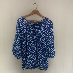 Ellen Tracy Size XL Blue White Black Polka Dot 3/4 Sleeve Peasant Top EUC
